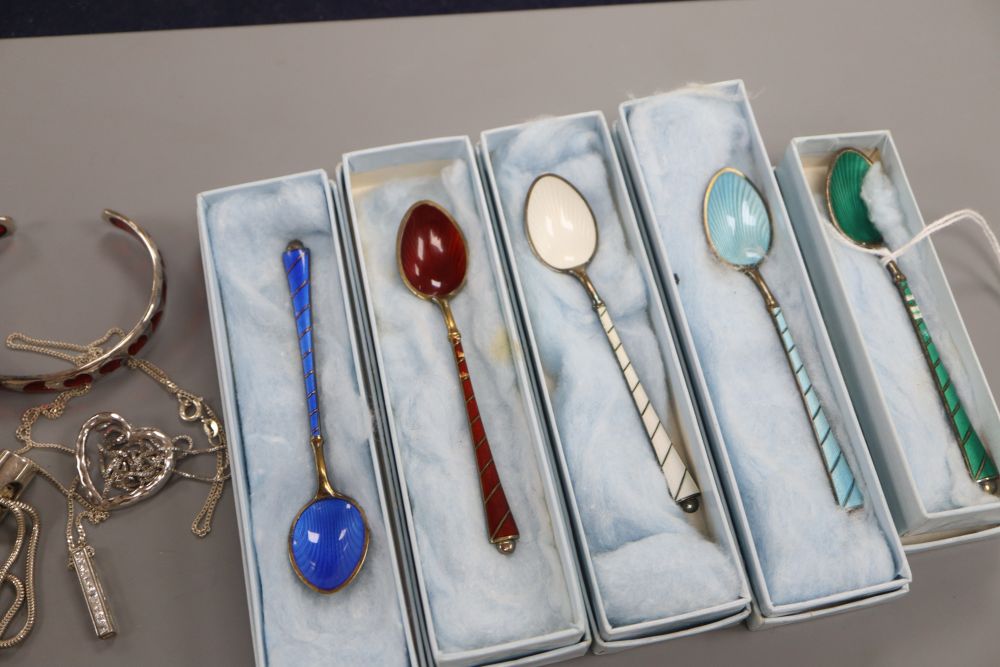 Egon Lauridsen, Denmark, a set of five silver-gilt and enamel coffee spoons and a collection of modern silver jewellery,